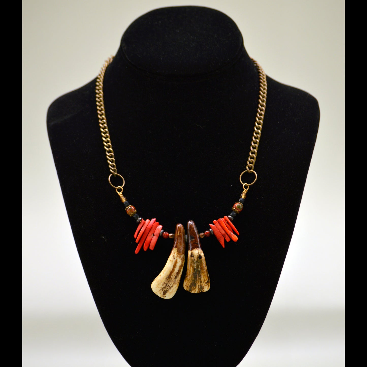 NECKLACE Beaded Bison Tooth And Coral Necklace