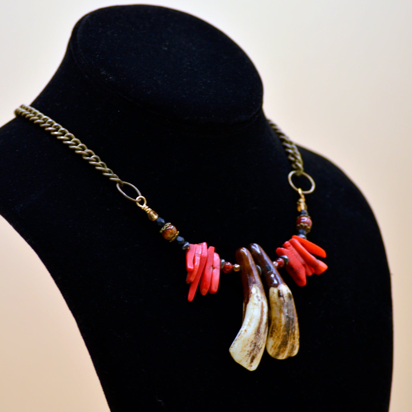 NECKLACE Beaded Bison Tooth And Coral Necklace