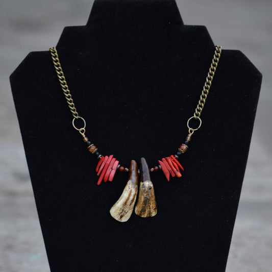 NECKLACE Beaded Bison Tooth And Coral Necklace