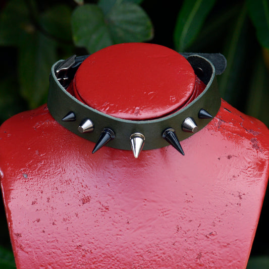 CHOKER Spiked Dark Green Leather Choker