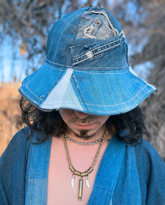 ROUND HAT Denim Patched Sun Hat With Pocket